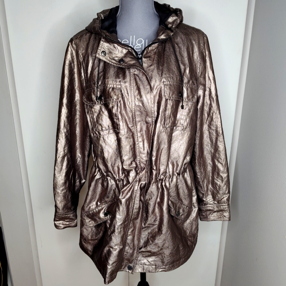 Calvin Klein Metallic Pewter Bronze Hooded Anorak Utility Jacket Plus Size 0X